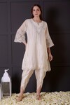 Buy_Surabhi Arya_White Kurta Mul Chanderi Embroidered Cutwork Notched And Dhoti Pant Set _at_Aza_Fashions