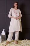 Buy_Surabhi Arya_White Chanderi Hand Embroidered Floral V Neck Kurta And Pant Set _at_Aza_Fashions