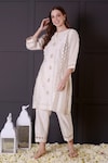 Buy_Surabhi Arya_White Chanderi Embroidered Floral Round Kurta And Pant Set_Online_at_Aza_Fashions