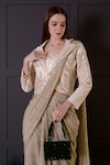 Shop_Surabhi Arya_Gold Saree Imported Shimmer Hand Embroidered Leaf Pre-draped Set With Jacket _Online_at_Aza_Fashions