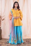 Buy_Farha Syed_Yellow Peplum Banarasi Brocade Woven Floral V Neck Pattern Kurta Sharara Set_at_Aza_Fashions