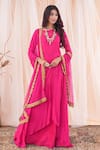 Shop_Farha Syed_Pink Anarkali Georgette Embroidered Mukaish Round Asymmetric Skirt Set_at_Aza_Fashions