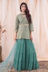 Buy_Farha Syed_Green Peplum Banarasi Brocade Hand Embroidered Floral Pattern Top Sharara Set_at_Aza_Fashions