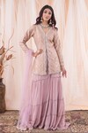 Buy_Farha Syed_Purple Peplum Banarasi Brocade Hand Embroidered Pearl V Neck Top Sharara Set_at_Aza_Fashions