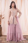 Farha Syed_Purple Peplum Banarasi Brocade Hand Embroidered Pearl V Neck Top Sharara Set_at_Aza_Fashions