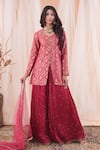 Buy_Farha Syed_Maroon Kurta Banarasi Brocade. Sharara Crushed Silk Hand Embroidered Set_at_Aza_Fashions