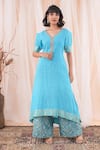 Buy_Farha Syed_Blue Kurta Silk Hand Embroidered Cutdana V Neck With Banarasi Brocade Palazzo _at_Aza_Fashions