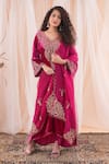 Buy_Farha Syed_Maroon Kurta Velvet Embroidered Zari V Neck Dhoti Pant Set_at_Aza_Fashions