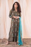 Buy_Farha Syed_Brown Kurta Cotton Linen Hand Embroidered Gota Patti Floral Tassel Pant Set_at_Aza_Fashions