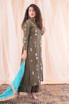 Shop_Farha Syed_Brown Kurta Cotton Linen Hand Embroidered Gota Patti Floral Tassel Pant Set_at_Aza_Fashions