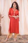 Buy_Farha Syed_Red Kurta Organic Linen Cotton Embroidered Floral Placed And Dhoti Pant Set_at_Aza_Fashions