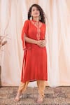 Shop_Farha Syed_Red Kurta Organic Linen Cotton Embroidered Floral Placed And Dhoti Pant Set_at_Aza_Fashions