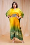 Buy_Farha Syed_Yellow Modal Satin Silk Embellished Coin V-neck Ombre Floral Kaftan _at_Aza_Fashions