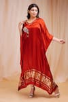 Buy_Farha Syed_Red Modal Satin Silk Embroidered Coin V-neck Placed Figurine Kaftan _at_Aza_Fashions