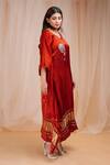 Buy_Farha Syed_Red Modal Satin Silk Embroidered Coin V-neck Placed Figurine Kaftan _Online_at_Aza_Fashions