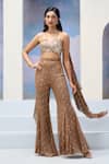 Buy_Silky Bindra x AZA_Brown Georgette Embroidery Sequins Asymmetric V Hazel Blouse Flared Pant Set_at_Aza_Fashions