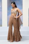 Silky Bindra x AZA_Brown Georgette Embroidery Sequins Asymmetric V Hazel Blouse Flared Pant Set_Online
