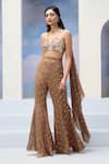 Buy_Silky Bindra x AZA_Brown Georgette Embroidery Sequins Asymmetric V Hazel Blouse Flared Pant Set_Online