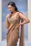 Shop_Silky Bindra x AZA_Brown Georgette Embroidered Blouse Stars Sweetheart Aylin Pre-draped Saree With_at_Aza_Fashions