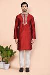 Arihant Rai Sinha_Red Cotton Embroidered Placket Floral Mandala Kurta _Online_at_Aza_Fashions