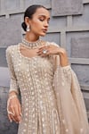 Buy_Nidhika Shekhar_Gold Net Suvarn Bela Maharani Floral Sequin Cape Lehenga Set _Online_at_Aza_Fashions