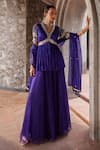 Buy_Nidhika Shekhar_Purple Crepe Embroidered Crystal V-neck Jashan-e-utsav Peplum Kurta Sharara Set _at_Aza_Fashions