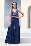Silky Bindra x AZA_Blue Georgette Embroidery Stars V Neck Alkina And Moon Blouse Palazzo Set_Online