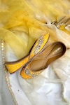 Shop_Pixie Pearlz_Yellow Flower Nora Embroidered Juttis_at_Aza_Fashions