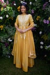 Buy_Shyam Narayan Prasad_Yellow Anarkali Silk Chanderi Patchwork Embroidered Floral Pant Set _at_Aza_Fashions