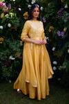 Shop_Shyam Narayan Prasad_Yellow Anarkali Silk Chanderi Patchwork Embroidered Floral Pant Set _Online_at_Aza_Fashions