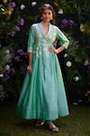 Buy_Shyam Narayan Prasad_Green Silk Chanderi Patchwork Embroidered Floral Angrakha And Pant Set _at_Aza_Fashions