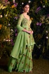 Shyam Narayan Prasad_Green Kurta And Sharara Satin Block Printed Floral Sweetheart Set _at_Aza_Fashions