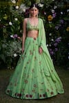 Buy_Shyam Narayan Prasad_Green Lehenga And Blouse Satin Block Printed Floral Round Set _at_Aza_Fashions