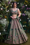 Buy_Shyam Narayan Prasad_Green Raw Silk Embroidered Gota Leaf Neck And Thread Lehenga Set _at_Aza_Fashions