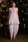 Buy_Shyam Narayan Prasad_Ivory Silk Brocade Embroidered Zardosi Notched Top And Dhoti Pant Set _at_Aza_Fashions