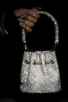 Buy_Ozel_Silver Hotfix Stones Shimmy Embellished Bucket Bag _Online_at_Aza_Fashions