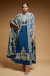 Buy_NIRRAAMYAA_Blue Bemberg Crepe Digital Print Rhinestone Band Collar Floral Long Cape _at_Aza_Fashions