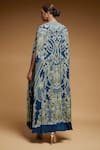 Shop_NIRRAAMYAA_Blue Bemberg Crepe Digital Print Rhinestone Band Collar Floral Long Cape _at_Aza_Fashions