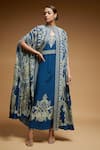 NIRRAAMYAA_Blue Bemberg Crepe Digital Print Rhinestone Band Collar Floral Long Cape _Online_at_Aza_Fashions