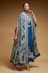 Buy_NIRRAAMYAA_Blue Bemberg Crepe Digital Print Rhinestone Band Collar Floral Long Cape _Online_at_Aza_Fashions