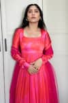 Harshita Singhvi_Pink Anarkali Body And Sleeves Satin Silk Printed With Dupatta _at_Aza_Fashions