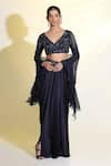 Buy_MeenaGurnam_Blue Dupatta Organza Embroidered Sequin V Neck Flower Blouse Draped Skirt Set _at_Aza_Fashions