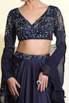 MeenaGurnam_Blue Dupatta Organza Embroidered Sequin V Neck Flower Blouse Draped Skirt Set _at_Aza_Fashions