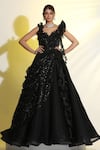 Buy_MeenaGurnam_Black Net Organza Embellished 3d Flower Sequin Glitter Draped Ball Gown _at_Aza_Fashions