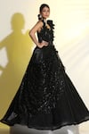 Shop_MeenaGurnam_Black Net Organza Embellished 3d Flower Sequin Glitter Draped Ball Gown _at_Aza_Fashions