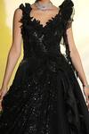 Buy_MeenaGurnam_Black Net Organza Embellished 3d Flower Sequin Glitter Draped Ball Gown _Online_at_Aza_Fashions