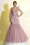 Buy_Meenagurnam_Pink Net Hand Embroidered Cutdana Asymmetric Gather Mermaid Gown _at_Aza_Fashions