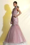 Shop_Meenagurnam_Pink Net Hand Embroidered Cutdana Asymmetric Gather Mermaid Gown _at_Aza_Fashions