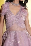 Shop_MeenaGurnam_Purple Net Hand Embroidered Cutdana Plunge Neck Ball Gown _Online_at_Aza_Fashions