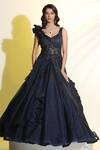 Buy_MeenaGurnam_Blue Net Organza Hand Embroidered Cutdana Sweetheart Draped Ball Gown _at_Aza_Fashions